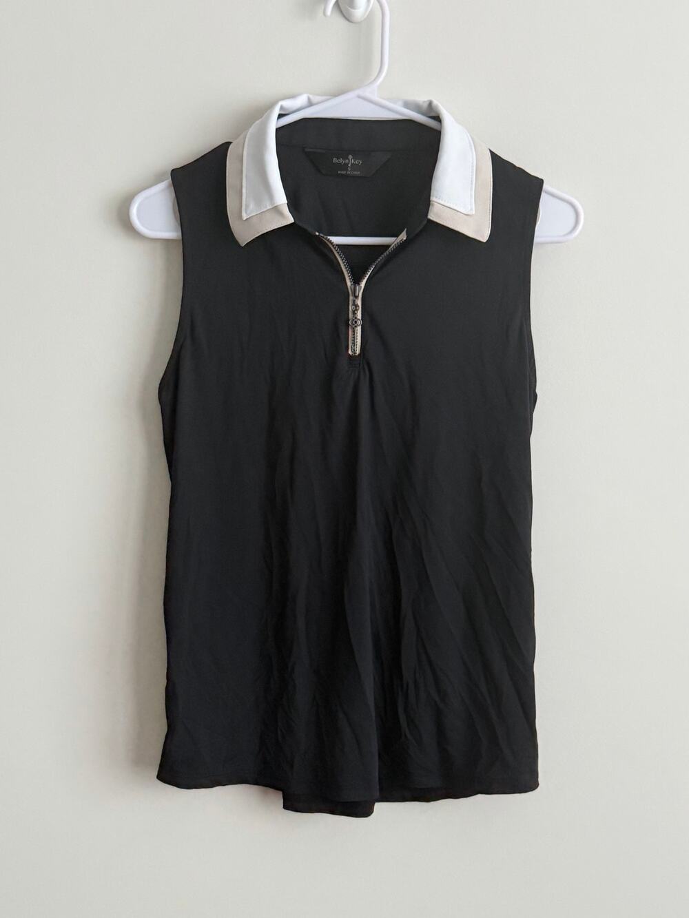 Belyn Key Sleeveless Black Golf Top White Contrast Collar Quarter Zip Size Small